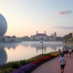 Paisagem ampla do Epcot com a esfera Spaceship Earth e lago do World Showcase ao amanhecer