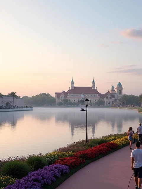Paisagem ampla do Epcot com a esfera Spaceship Earth e lago do World Showcase ao amanhecer