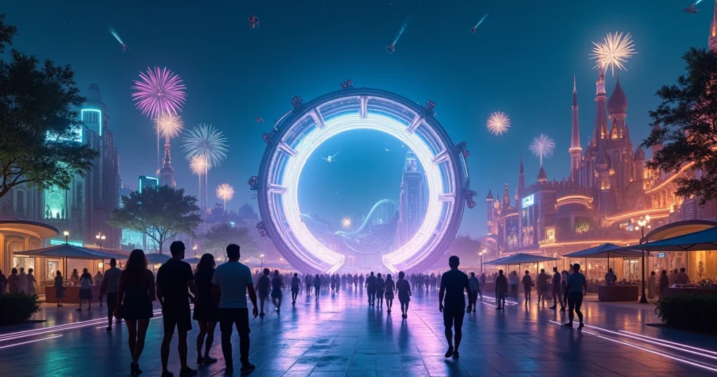 Vista noturna de parque temático futurista com brilho colorido