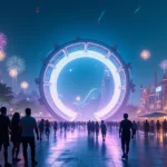 Vista noturna de parque temático futurista com brilho colorido