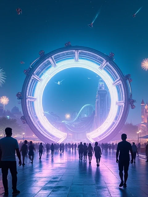 Vista noturna de parque temático futurista com brilho colorido