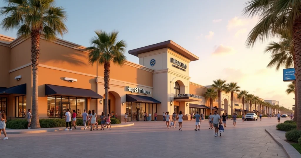 Fachada do Orlando International Premium Outlets na I-Drive com visitantes caminhando na entrada ao entardecer