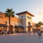 Fachada do Orlando International Premium Outlets na I-Drive com visitantes caminhando na entrada ao entardecer