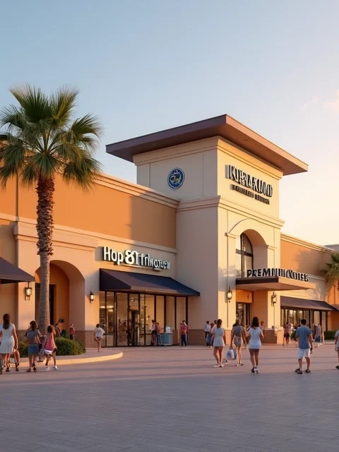Fachada do Orlando International Premium Outlets na I-Drive com visitantes caminhando na entrada ao entardecer
