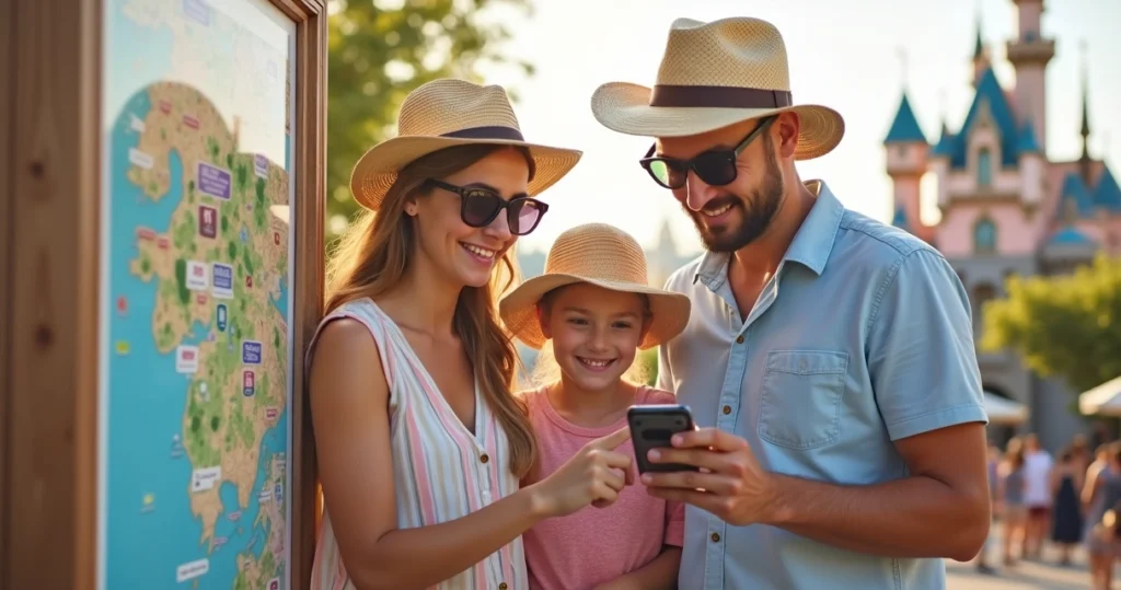 Família consulta rota no celular em mapa de parque temático colorido