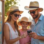 Família consulta rota no celular em mapa de parque temático colorido