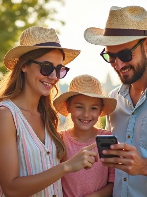 Família consulta rota no celular em mapa de parque temático colorido