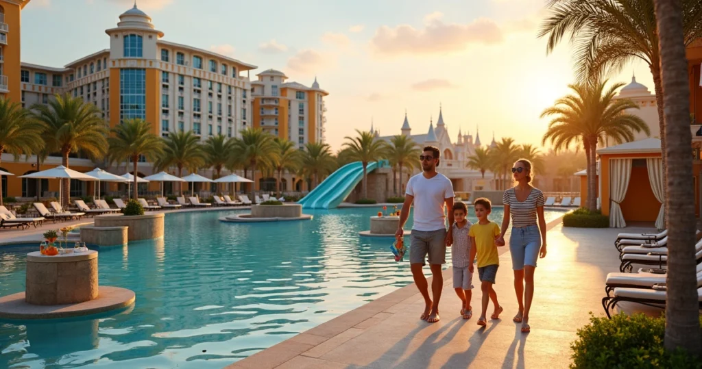 Família caminha por área de piscina em hotel temático em Orlando ao entardecer