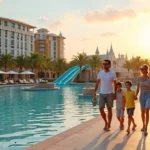 Família caminha por área de piscina em hotel temático em Orlando ao entardecer