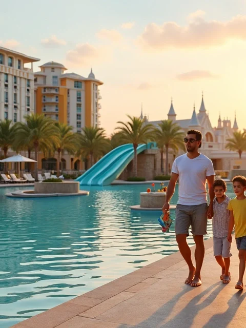 Família caminha por área de piscina em hotel temático em Orlando ao entardecer