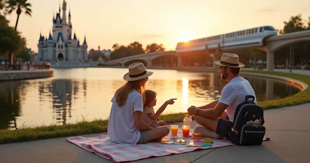 Família com criança pequena fazendo piquenique ao amanhecer com vista para castelo de parque temático