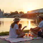 Família com criança pequena fazendo piquenique ao amanhecer com vista para castelo de parque temático