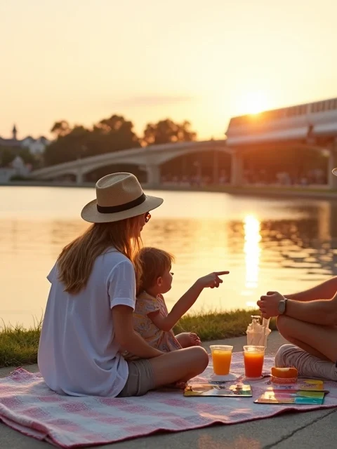 Família com criança pequena fazendo piquenique ao amanhecer com vista para castelo de parque temático