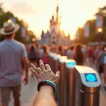 Família usando MagicBands coloridas aproximando do totem na entrada de parque