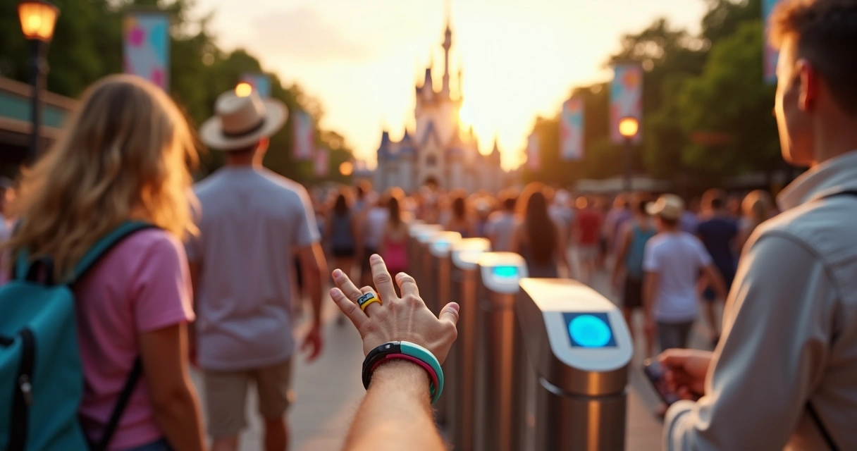 Família usando MagicBands coloridas aproximando do totem na entrada de parque