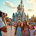 Fotógrafo Disney registrando família em frente ao castelo com MagicBand visível