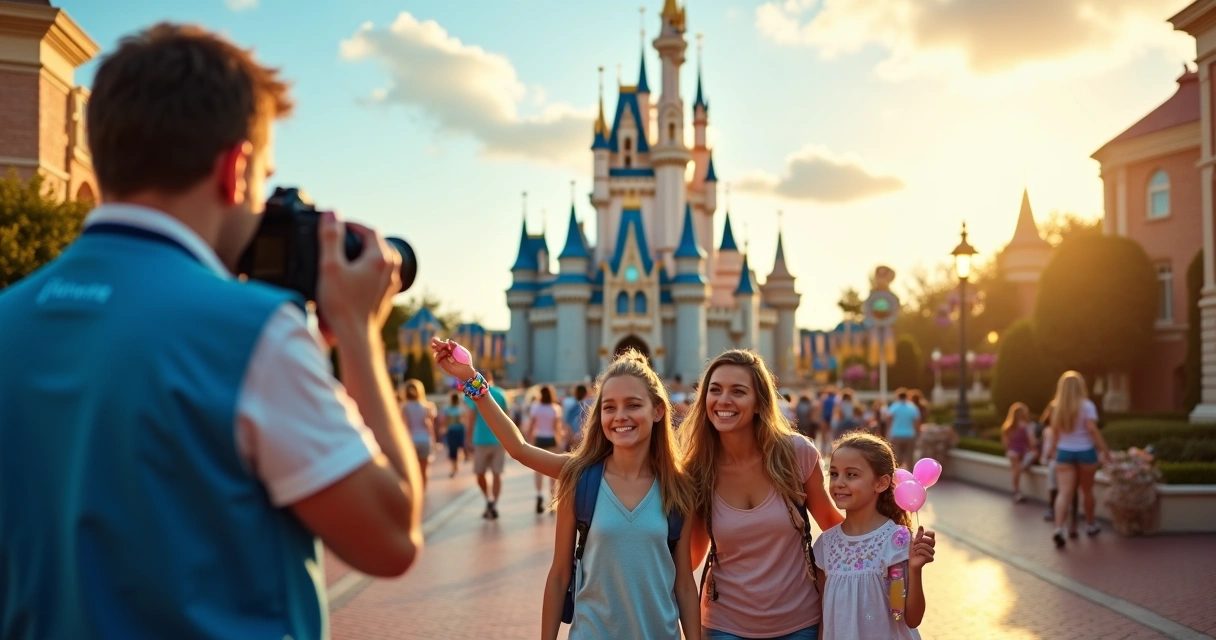 Fotógrafo Disney registrando família em frente ao castelo com MagicBand visível