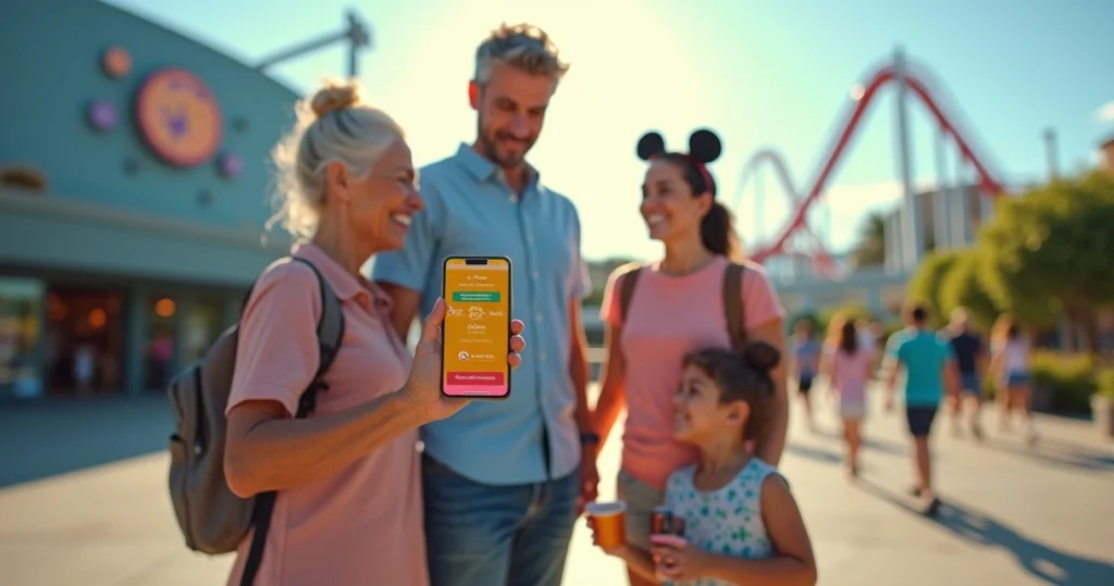Família usando app de fila virtual em parque de Orlando ao fundo de atração tecnológica