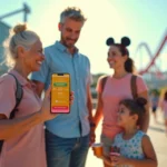 Família usando app de fila virtual em parque de Orlando ao fundo de atração tecnológica