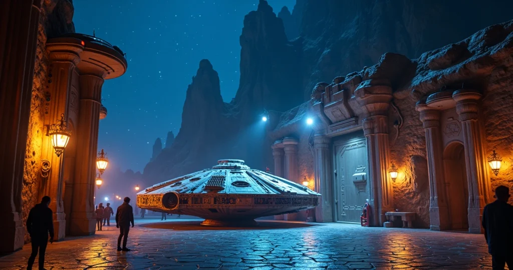 Millennium Falcon iluminada à noite em área temática de Star Wars