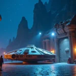 Millennium Falcon iluminada à noite em área temática de Star Wars