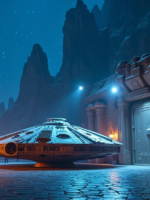 Millennium Falcon iluminada à noite em área temática de Star Wars