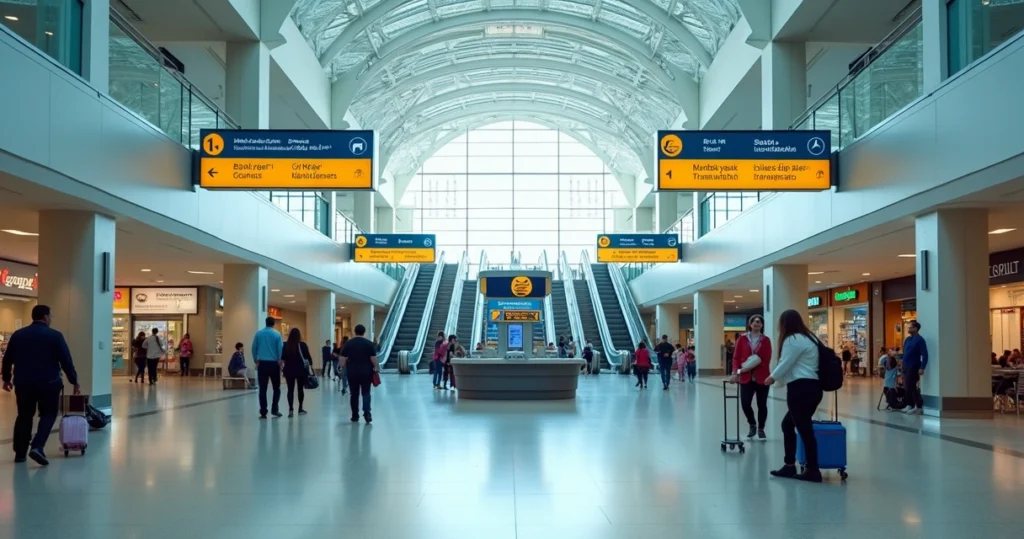Vista ampla do saguão do aeroporto de Orlando com placas coloridas de direção