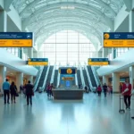 Vista ampla do saguão do aeroporto de Orlando com placas coloridas de direção