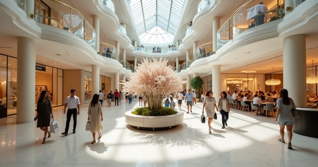 Vista ampla do hall principal do The Mall at Millenia com turistas carregando sacolas de compras