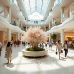 Vista ampla do hall principal do The Mall at Millenia com turistas carregando sacolas de compras