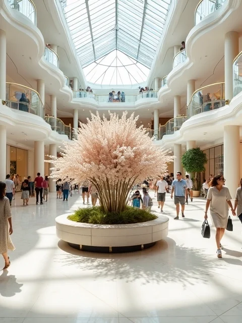 Vista ampla do hall principal do The Mall at Millenia com turistas carregando sacolas de compras
