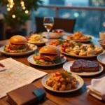 Vista aérea de mesa com pratos variados inspirados em Orlando e mapa aberto de viagem