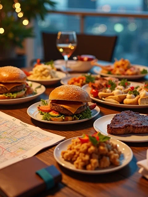 Vista aérea de mesa com pratos variados inspirados em Orlando e mapa aberto de viagem