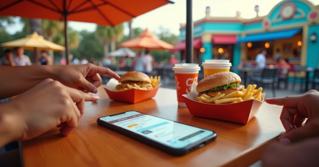 Mesa de fast-food em parque temático com smartphone mostrando pedido pronto para retirada