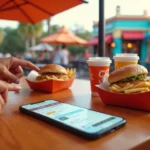 Mesa de fast-food em parque temático com smartphone mostrando pedido pronto para retirada