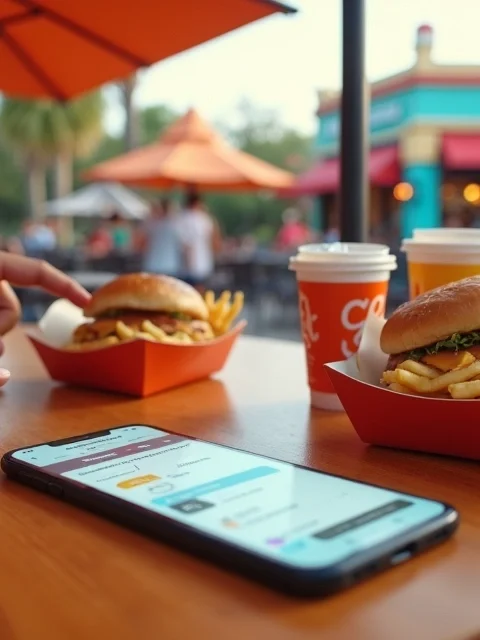 Mesa de fast-food em parque temático com smartphone mostrando pedido pronto para retirada