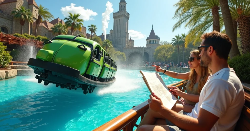 Montanha-russa do Islands of Adventure passando perto de lago com visitantes observando