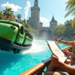 Montanha-russa do Islands of Adventure passando perto de lago com visitantes observando