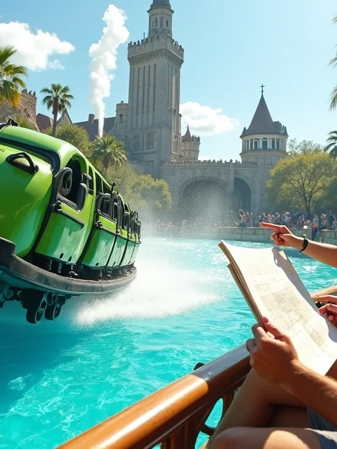 Montanha-russa do Islands of Adventure passando perto de lago com visitantes observando