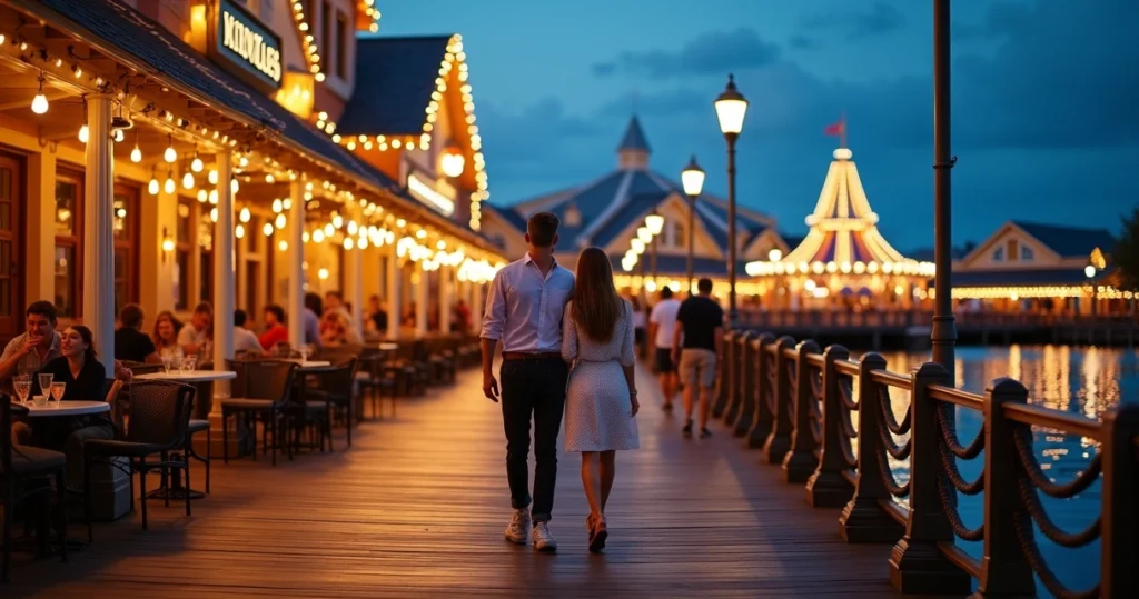 Casal adulto caminhando em noite iluminada no Disney Boardwalk