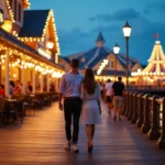 Casal adulto caminhando em noite iluminada no Disney Boardwalk