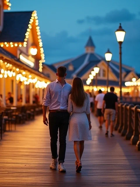Casal adulto caminhando em noite iluminada no Disney Boardwalk