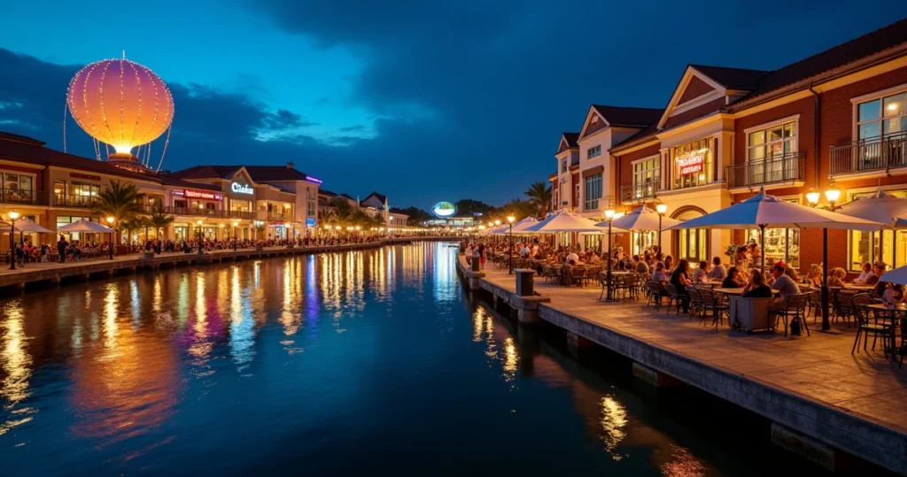 Vista noturna de Disney Springs com lago refletindo lojas iluminadas e balão ao fundo