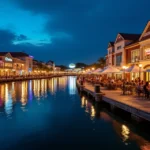 Vista noturna de Disney Springs com lago refletindo lojas iluminadas e balão ao fundo