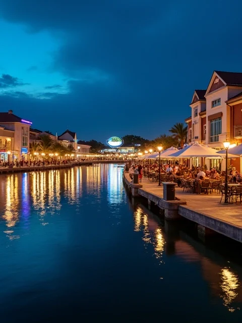 Vista noturna de Disney Springs com lago refletindo lojas iluminadas e balão ao fundo