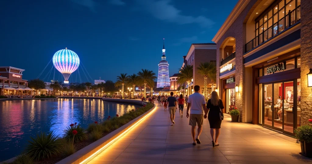 Calçada iluminada de Disney Springs à beira do lago com lojas e balão ao fundo