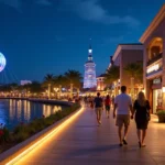 Calçada iluminada de Disney Springs à beira do lago com lojas e balão ao fundo