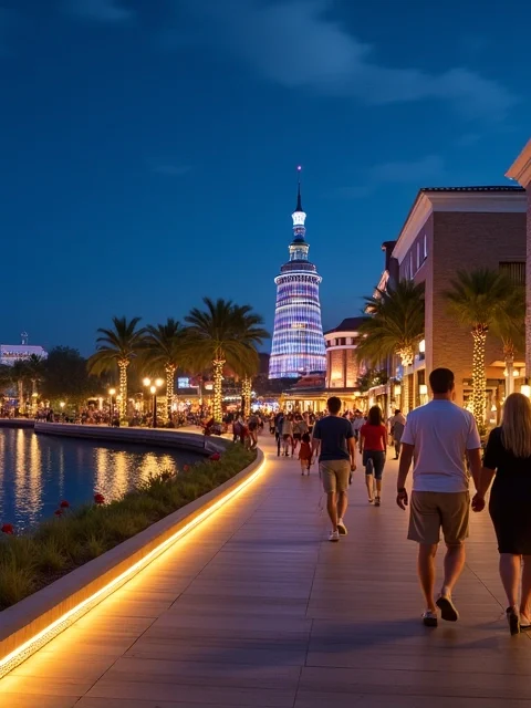 Calçada iluminada de Disney Springs à beira do lago com lojas e balão ao fundo