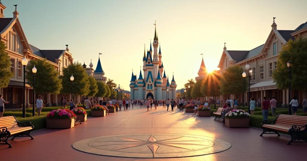 Vista panorâmica do castelo do Magic Kingdom visto de longe com caminho central florido