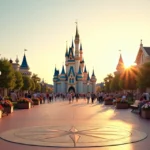 Vista panorâmica do castelo do Magic Kingdom visto de longe com caminho central florido